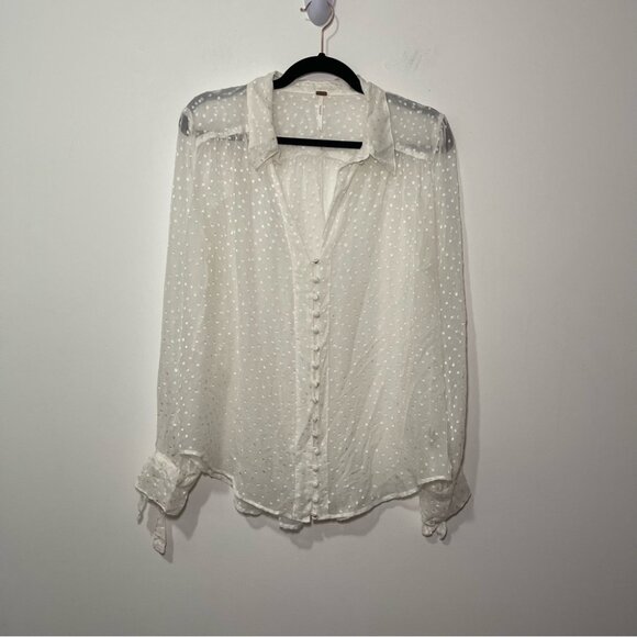 Free People women’s white pearl Sheer polka dot silk lining romantic Blouse in L - Picture 1 of 10
